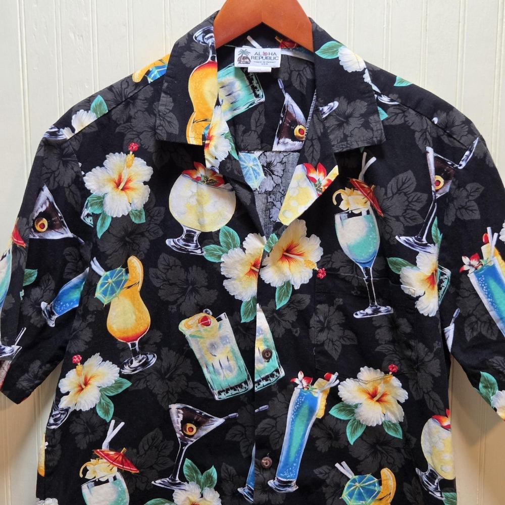 Aloha Republic Shirt Mens Large Black Hawaiian Cocktail Short Sleeve Button Up